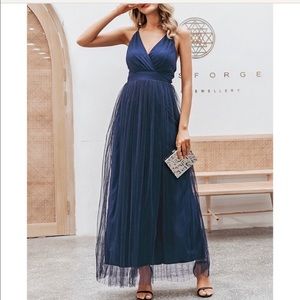 Navy Blue Criss Cross Back Mesh Elegant Maxi Dress